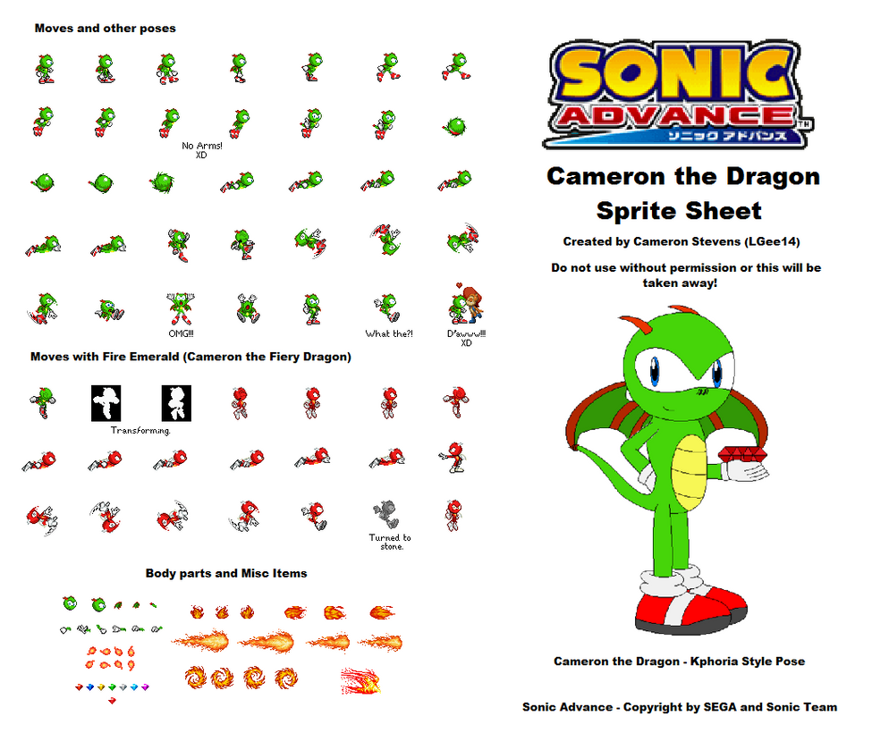 Sonic Advance - Cameron the Dragon Sprite Sheet by GuardianSoulMLP on