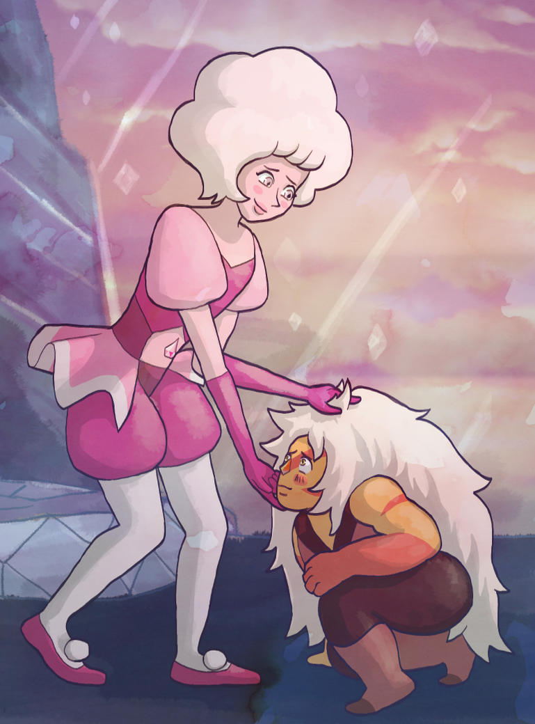 Pink Diamond bends down slightly to tilt up the head of a kneeling, awestruck Jasper. For an anonymous prompt at meme_of_bilitis for "Jasper/Pink Diamond, obeisance". My first attempt at actually d...