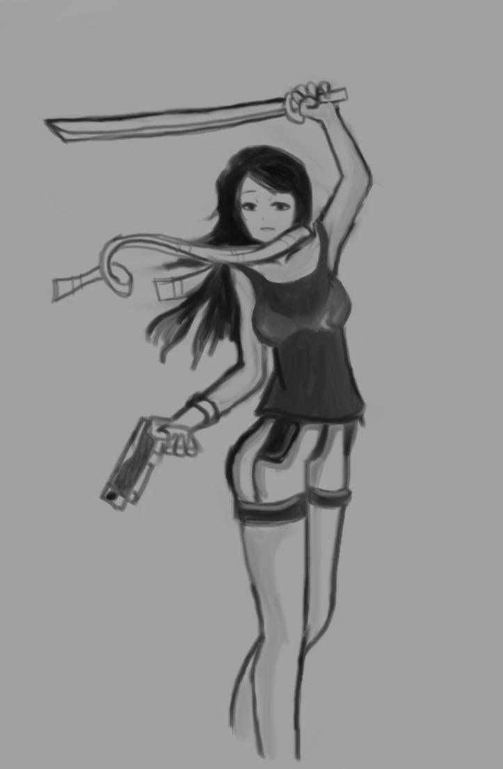 Anime Drawing: Girl holding a gun and sword by ...