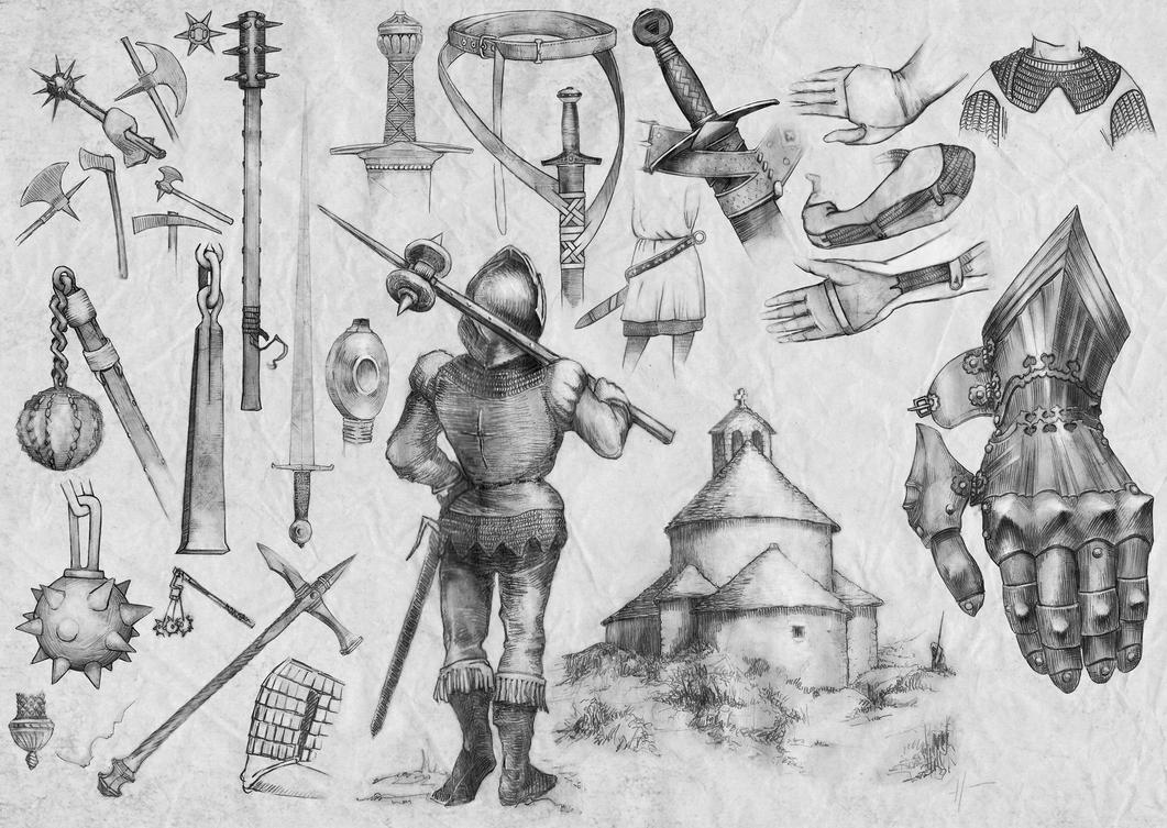 Medieval flail, sword arm, other weapons (5) by ...