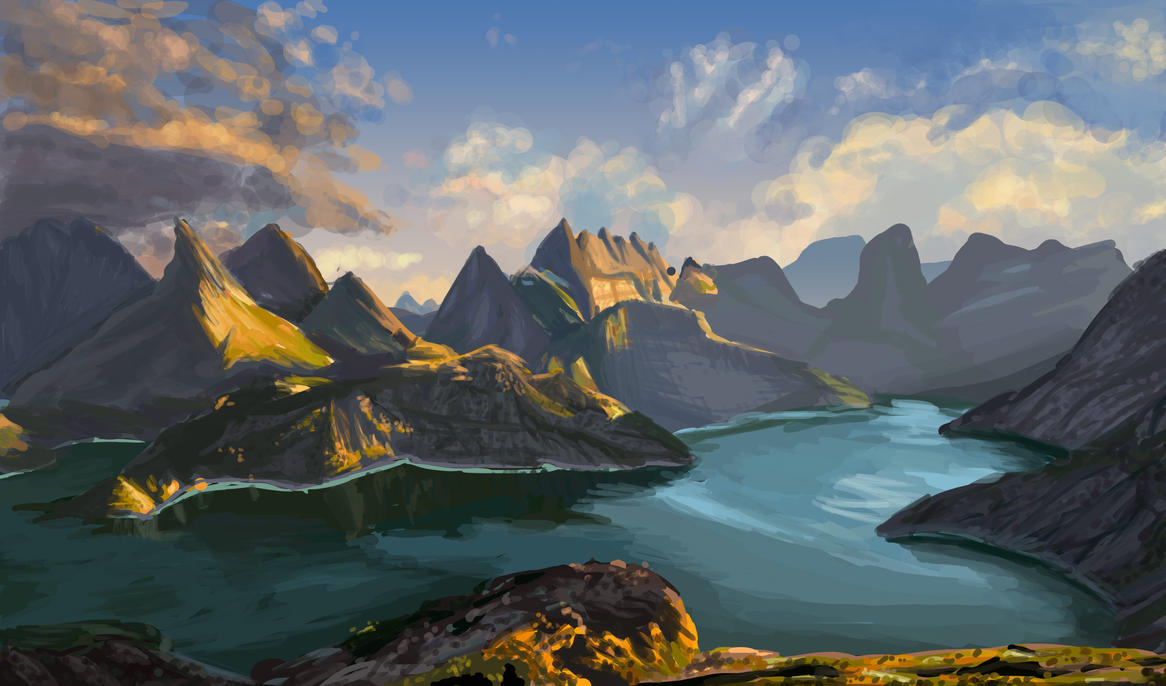 Landscape Painting Practice Mountains and Ocean by