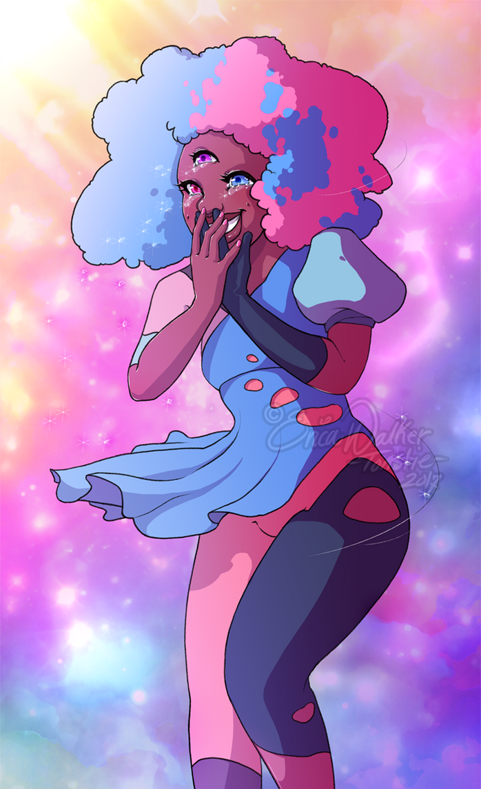 Garnet from Steven Universe.  Sapphire and Ruby's first fusion, lovingly nicknamed "Cotton Candy Garnet". I love her and the design a lot so I really wanted to draw Cotton Candy Garnet. XDI im...