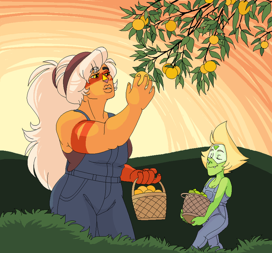 hey what if jasper recovers emotionally through growing a garden with peridot huh (limes n oranges) got this idea from my girlfriend c: ~ Jasper and Peridot © Rebecca Sugar