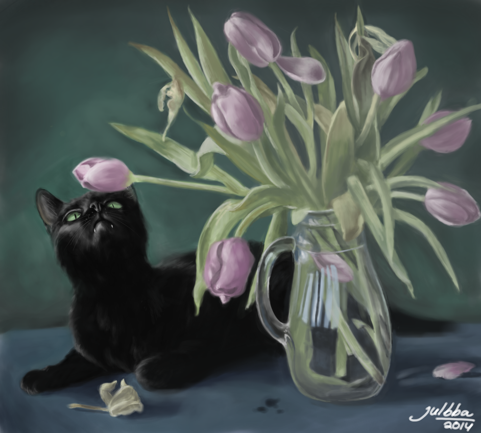 Cat with some tulips by julbba on DeviantArt