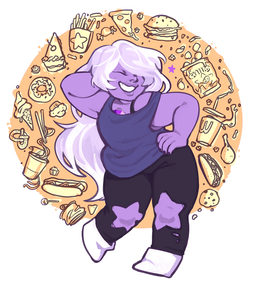 amethyst is my fav gem forever. protect amethyst at all costs i got rly upset bc i keep seeing art of her skinny so?? here she is (my intention was not to equate fat with unhealthiness btw, i just ...