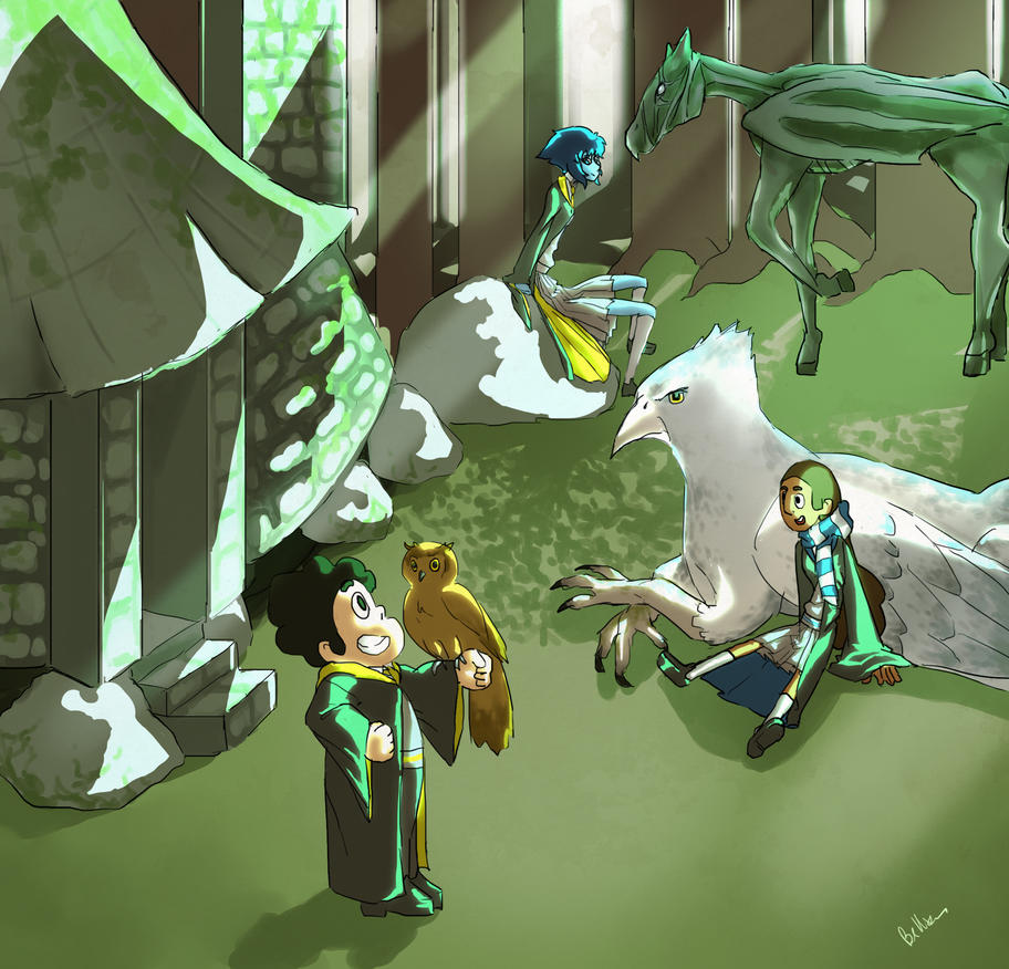 Hellooo!! So this is the third illustration of my Steven Universe/Harry Potter AU: Steven, Connie and Lapis having some fun with magical creatures! The first part, Dueling Club, is here:  And ...