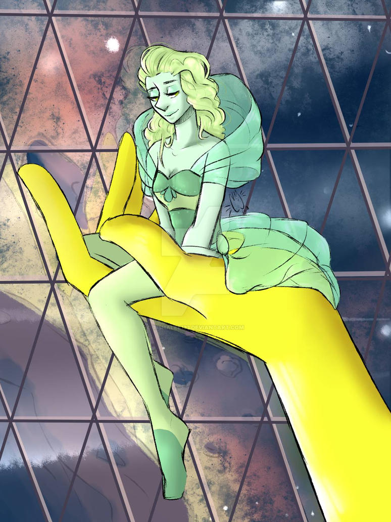 Hey... it's been so long lovelies XD Anyway I'm just here to drop a doodle of my Steven Universe gem. Her name is Lime Pearl and she's a homeworld gem. Uh that's all I have for now lol. Steven Univ...