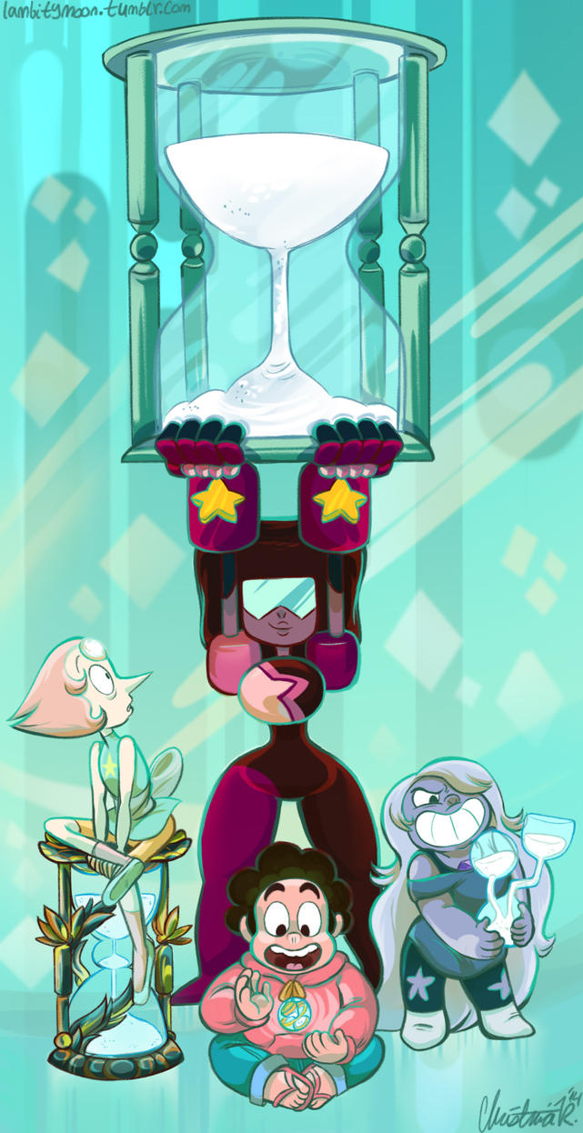 FREAKING FINISHED WITH THIS FINALLY HOLY WOW! a@ It's the Crystal Gems with their favorite hourglasses from "Steven and the Stevens". If the temple wasn't destroyed, I'd think Garnet and Pearl woul...
