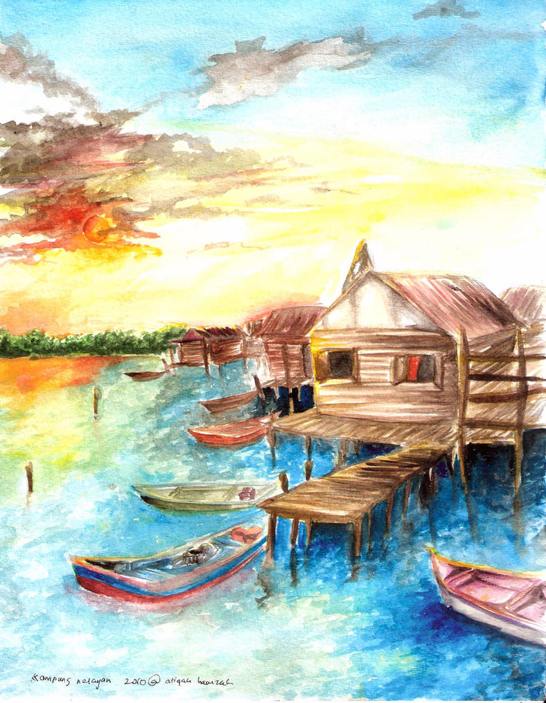 Lukisan Pemandangan Senja Di Sebuah Kampung Nelayan