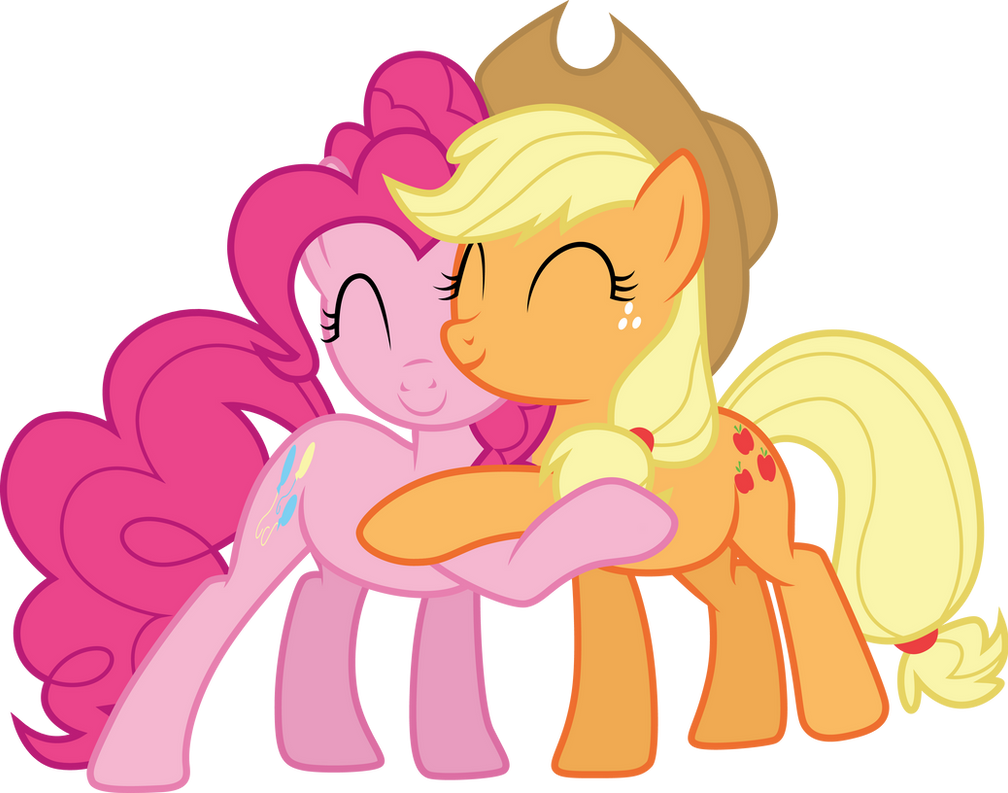 Applejack and Pinkie Pie hug by CloudyGlow