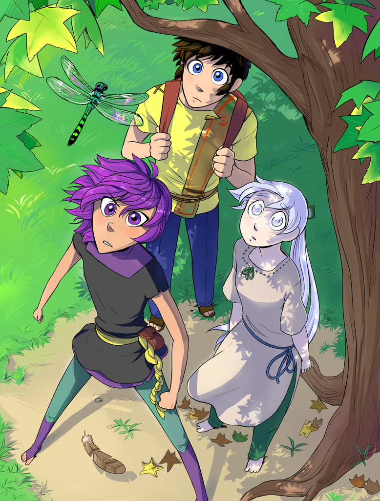 3 Characters, Sikue, Tatsuma, and Yokiro, looking up at a dragonfly