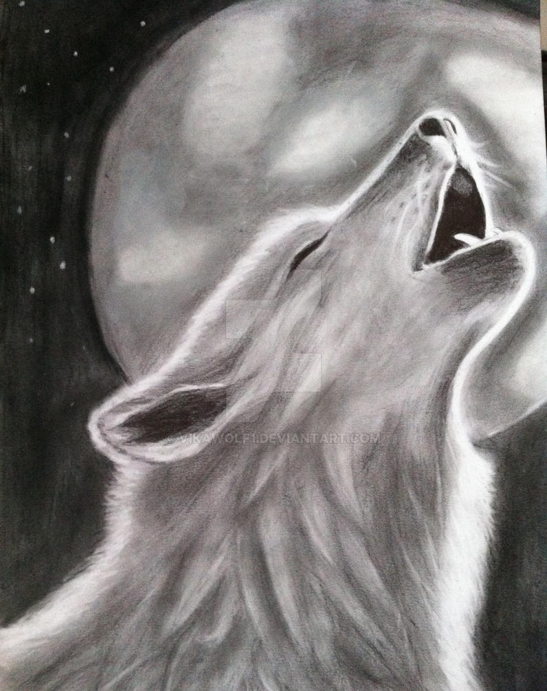 Drawing of a wolf howling on the moon by VikaWolf1 on